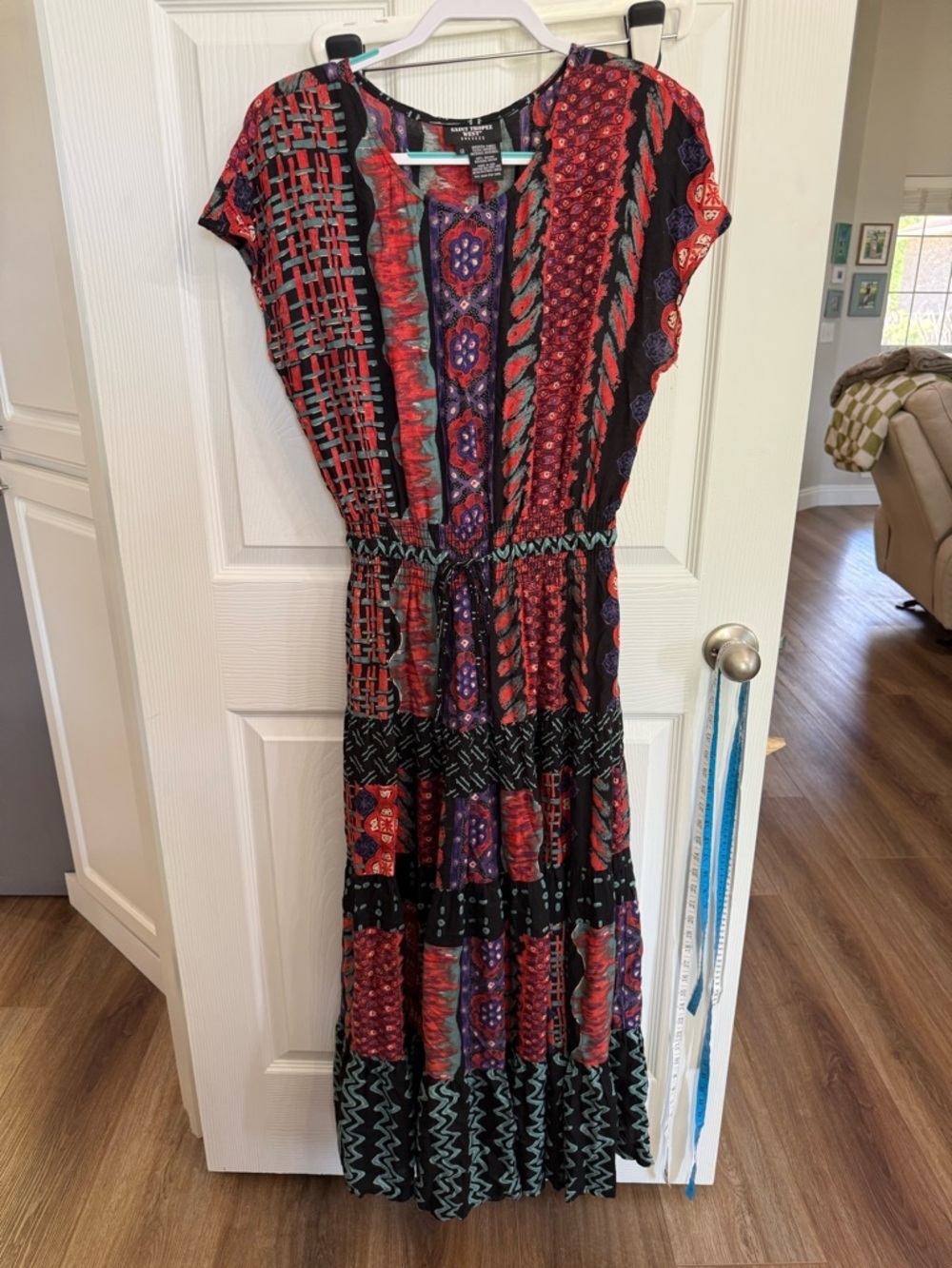 Saint Tropez West Patchwork Maxi Dress Boho 90s Rayon Shoulder Pads Size 8 VTG
